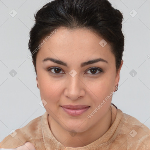 Joyful latino young-adult female with short  brown hair and brown eyes