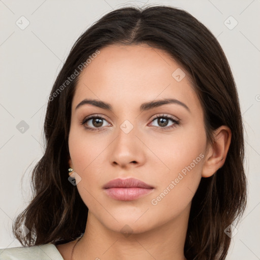 Neutral white young-adult female with medium  brown hair and brown eyes