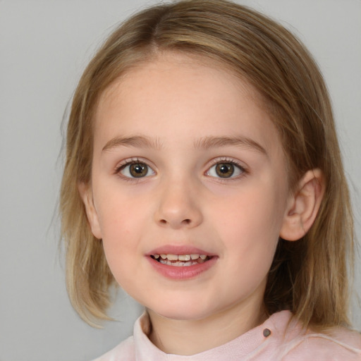 Joyful white child female with medium  brown hair and brown eyes