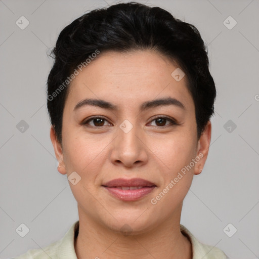 Joyful asian young-adult female with short  brown hair and brown eyes