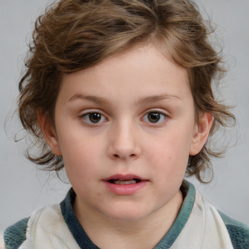 Neutral white child female with medium  brown hair and blue eyes