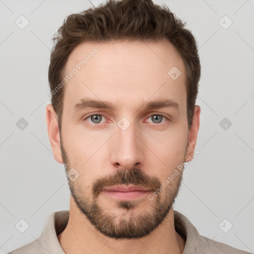 Neutral white young-adult male with short  brown hair and grey eyes