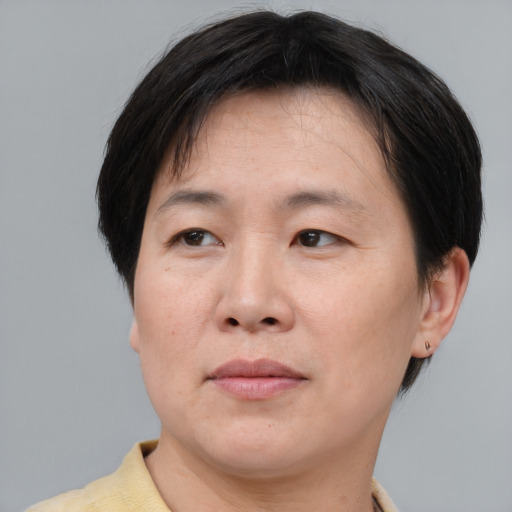 Neutral asian adult female with short  brown hair and brown eyes