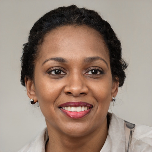Joyful black young-adult female with medium  black hair and brown eyes