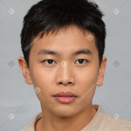 Neutral asian young-adult male with short  brown hair and brown eyes
