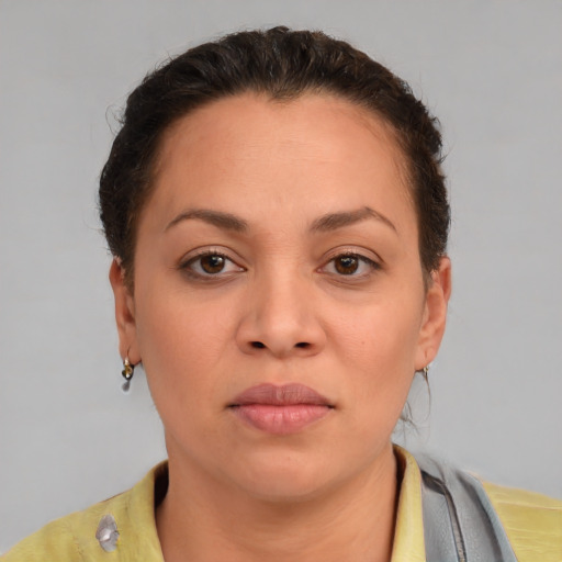 Neutral asian young-adult female with short  brown hair and brown eyes