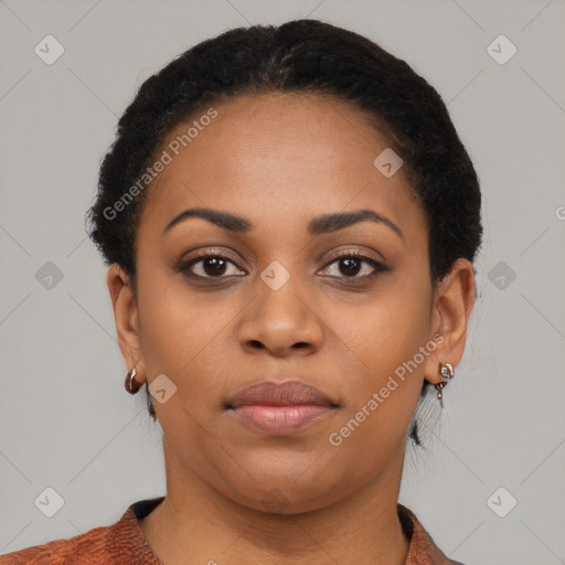 Neutral black young-adult female with short  brown hair and brown eyes