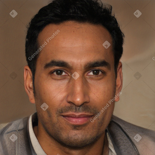 Joyful white young-adult male with short  black hair and brown eyes