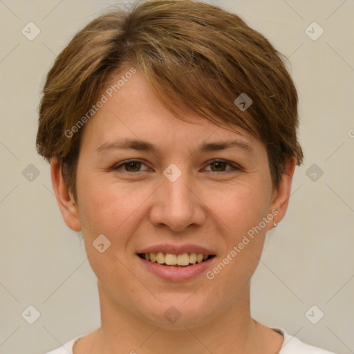 Joyful white young-adult female with short  brown hair and brown eyes