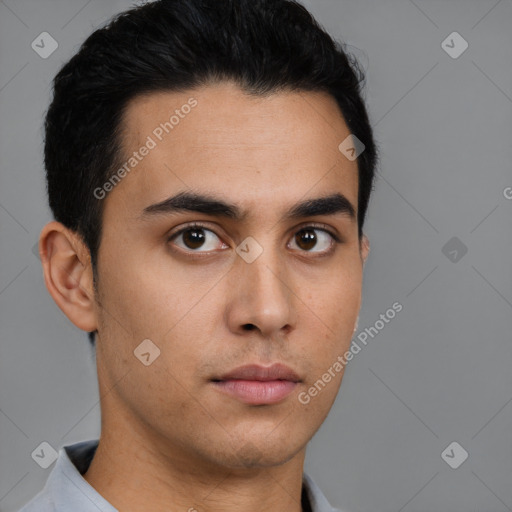 Neutral asian young-adult male with short  black hair and brown eyes