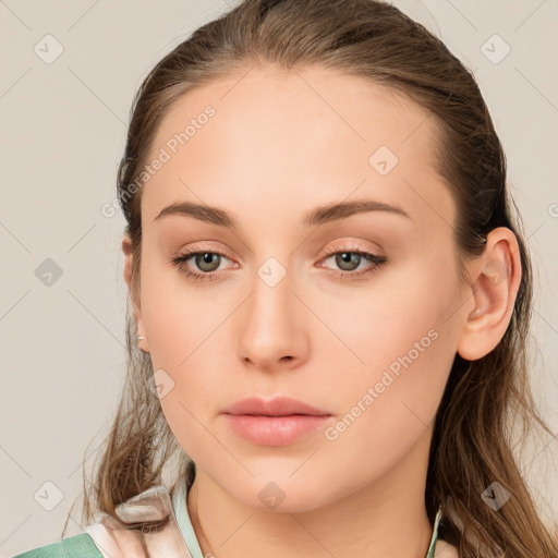 Neutral white young-adult female with long  brown hair and blue eyes