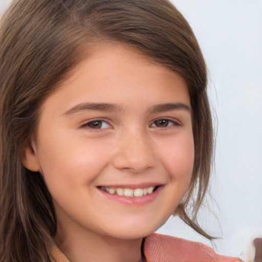 Joyful white child female with long  brown hair and brown eyes