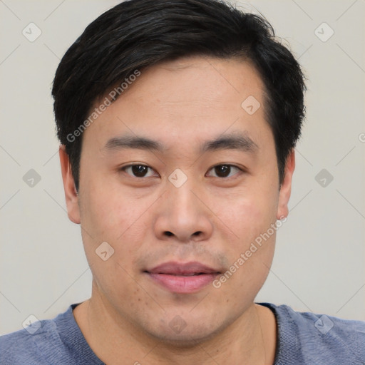 Neutral asian young-adult male with short  black hair and brown eyes