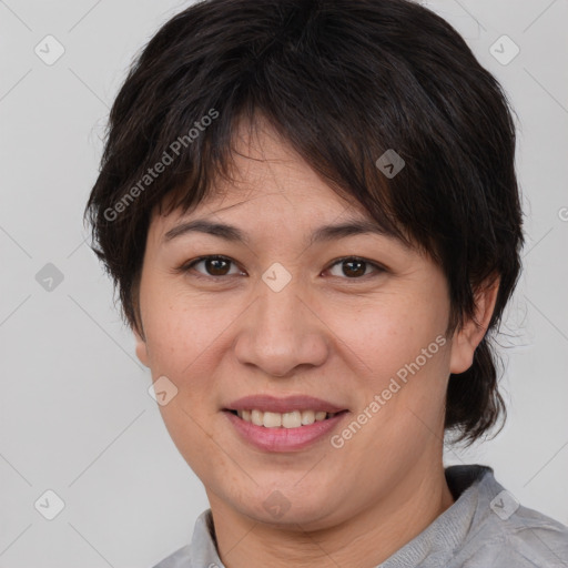 Joyful white adult female with medium  brown hair and brown eyes