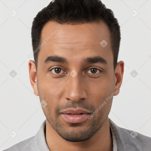 Neutral white young-adult male with short  brown hair and brown eyes