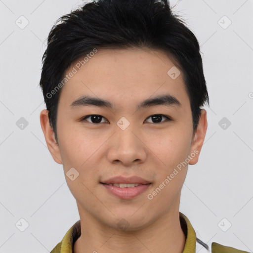 Joyful white young-adult male with short  black hair and brown eyes