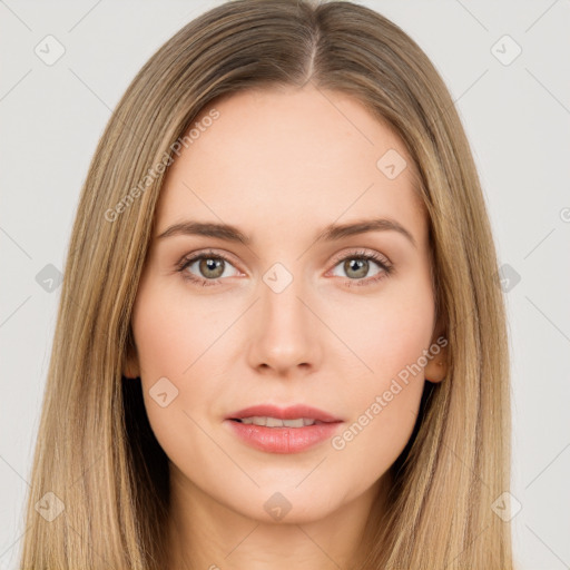 Neutral white young-adult female with long  brown hair and brown eyes