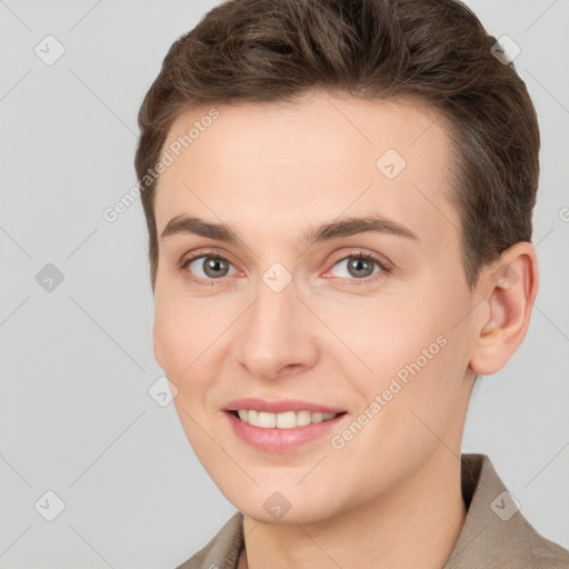 Joyful white young-adult female with short  brown hair and brown eyes