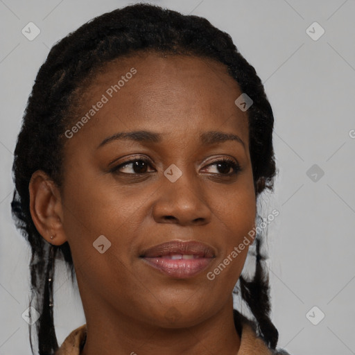 Joyful black young-adult female with medium  brown hair and brown eyes