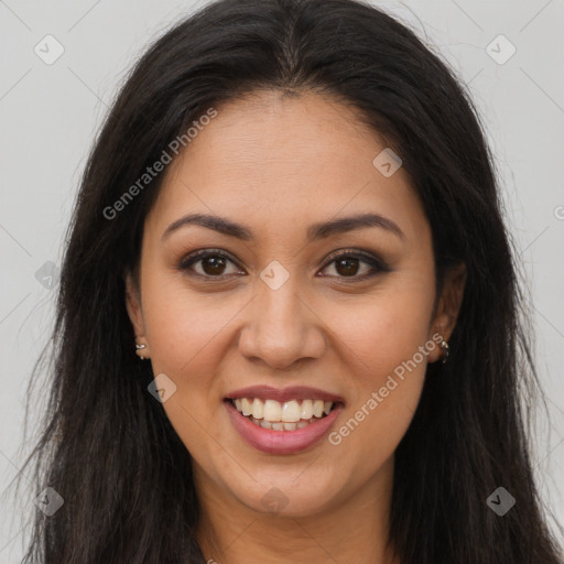 Joyful latino young-adult female with long  brown hair and brown eyes