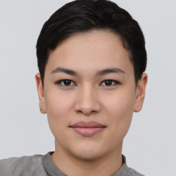 Joyful asian young-adult female with short  black hair and brown eyes