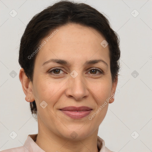 Joyful white adult female with short  brown hair and brown eyes