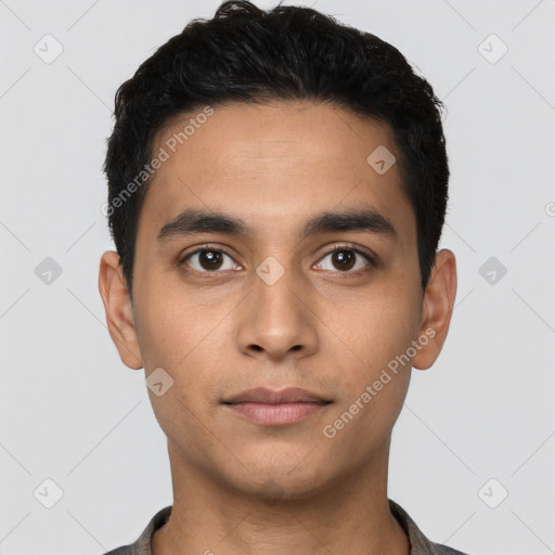 Neutral latino young-adult male with short  black hair and brown eyes