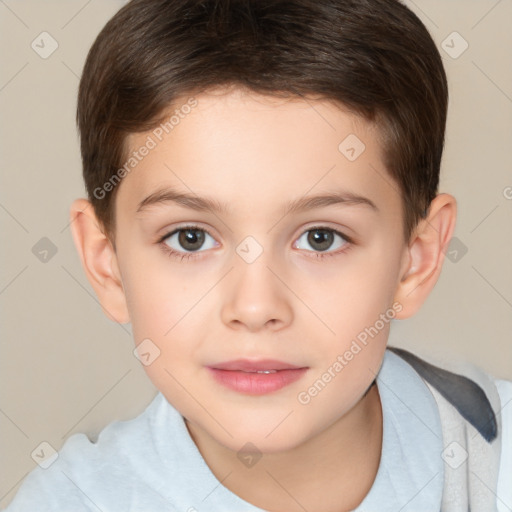 Joyful white child male with short  brown hair and brown eyes