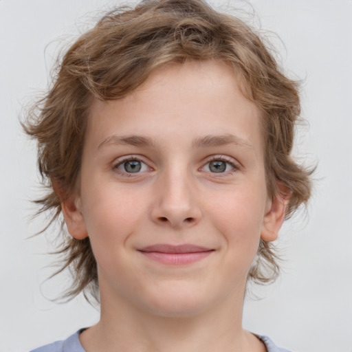 Joyful white child female with medium  brown hair and blue eyes