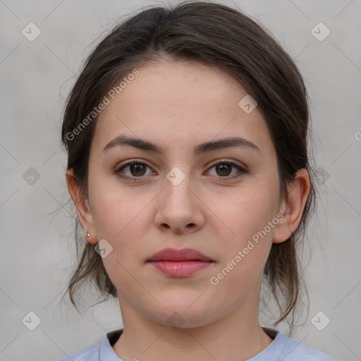 Neutral white young-adult female with medium  brown hair and brown eyes