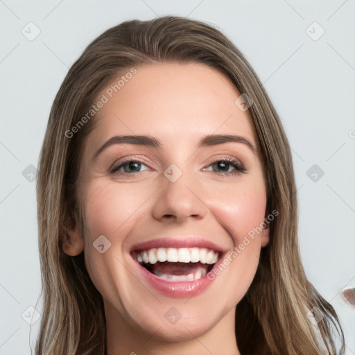 Joyful white young-adult female with long  brown hair and grey eyes