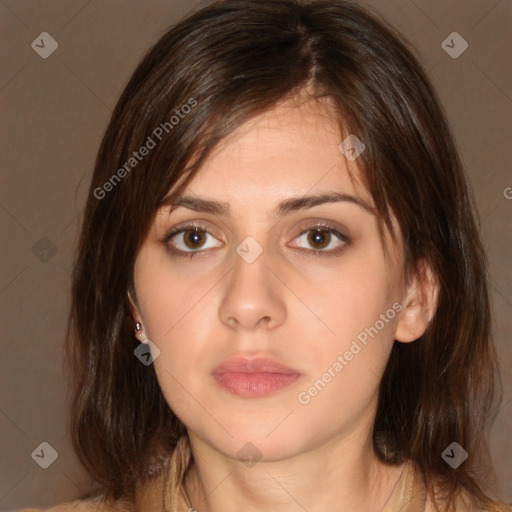 Neutral white young-adult female with medium  brown hair and brown eyes