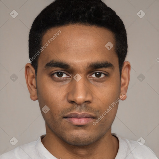 Neutral latino young-adult male with short  black hair and brown eyes