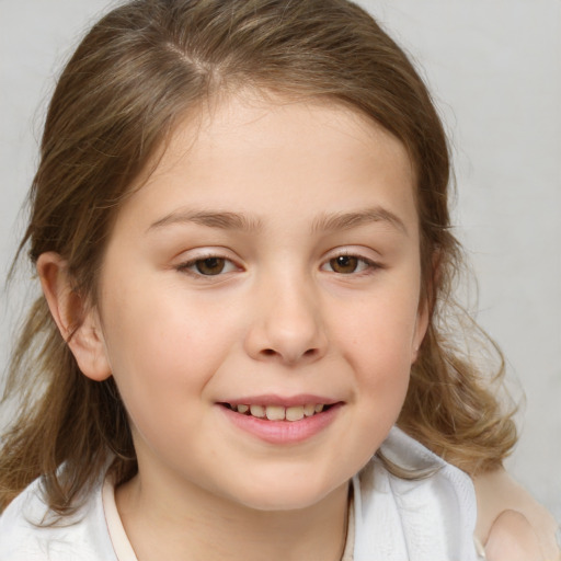 Joyful white child female with medium  brown hair and brown eyes