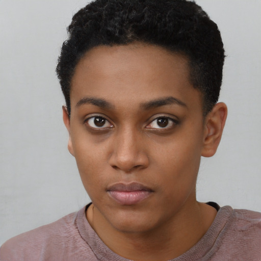 Neutral black young-adult female with short  black hair and brown eyes