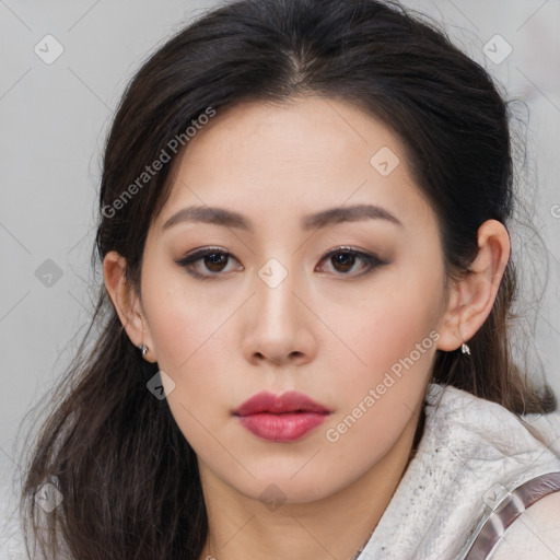 Neutral asian young-adult female with medium  brown hair and brown eyes