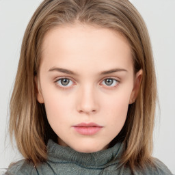 Neutral white young-adult female with medium  brown hair and grey eyes