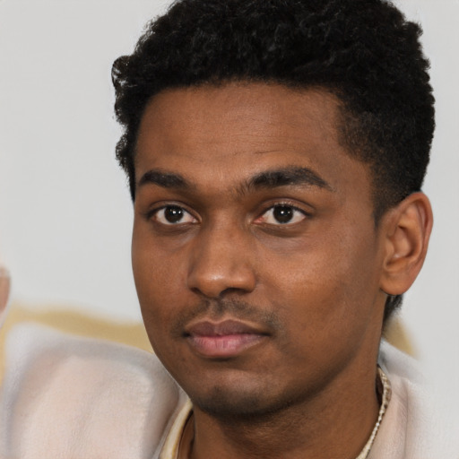 Neutral black young-adult male with short  black hair and brown eyes