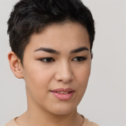 Joyful asian young-adult female with short  brown hair and brown eyes