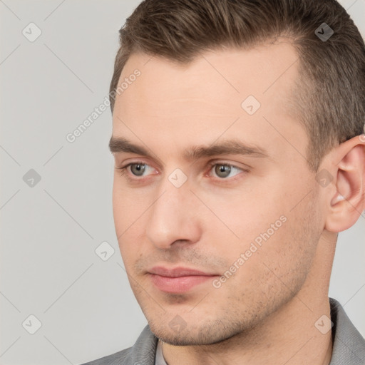 Neutral white young-adult male with short  brown hair and brown eyes