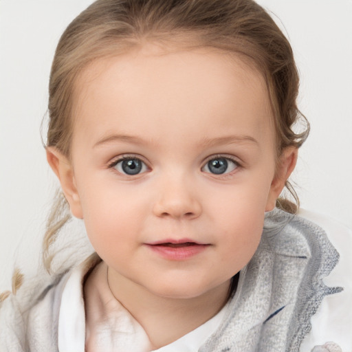 Neutral white child female with medium  brown hair and blue eyes