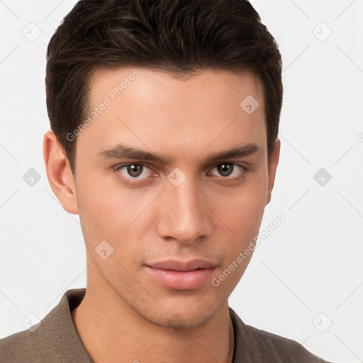 Neutral white young-adult male with short  brown hair and brown eyes