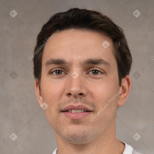 Neutral white young-adult male with short  brown hair and brown eyes