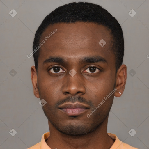 Neutral black young-adult male with short  black hair and brown eyes