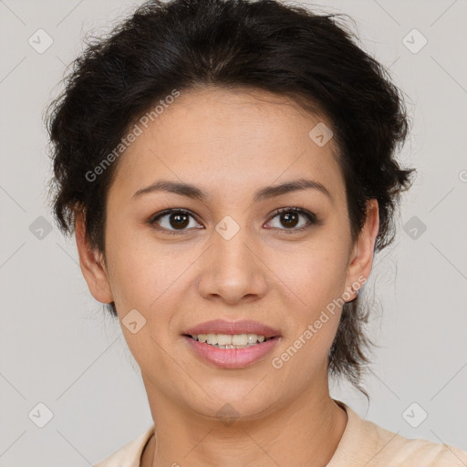 Joyful latino young-adult female with short  brown hair and brown eyes