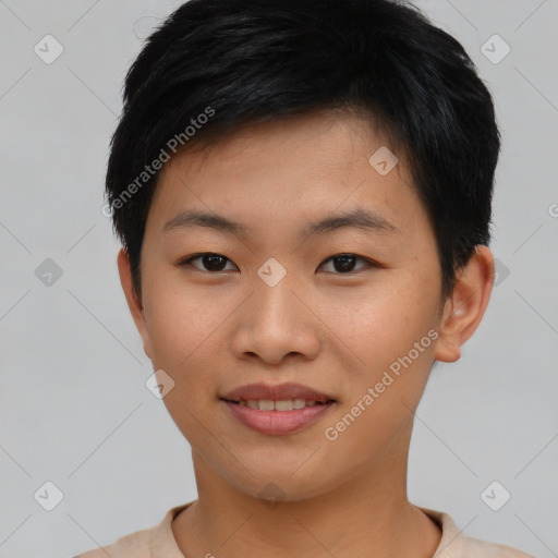 Joyful asian young-adult female with short  black hair and brown eyes