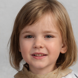 Joyful white child female with medium  brown hair and grey eyes