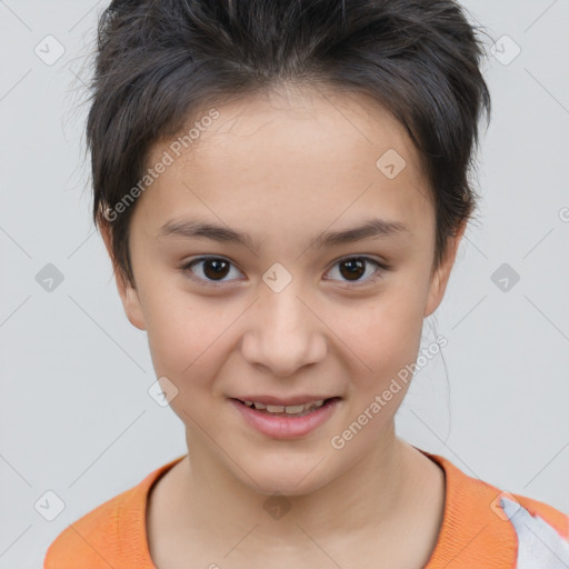 Joyful white child female with short  brown hair and brown eyes
