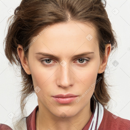 Neutral white young-adult female with medium  brown hair and grey eyes