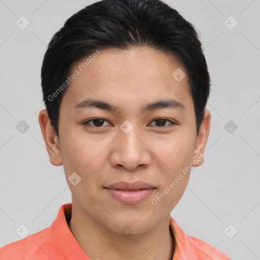 Joyful asian young-adult female with short  brown hair and brown eyes